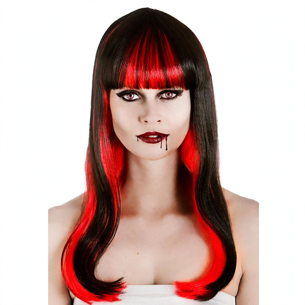 Womens Halloween Alluring Vampire Wig in red and black with vampire design