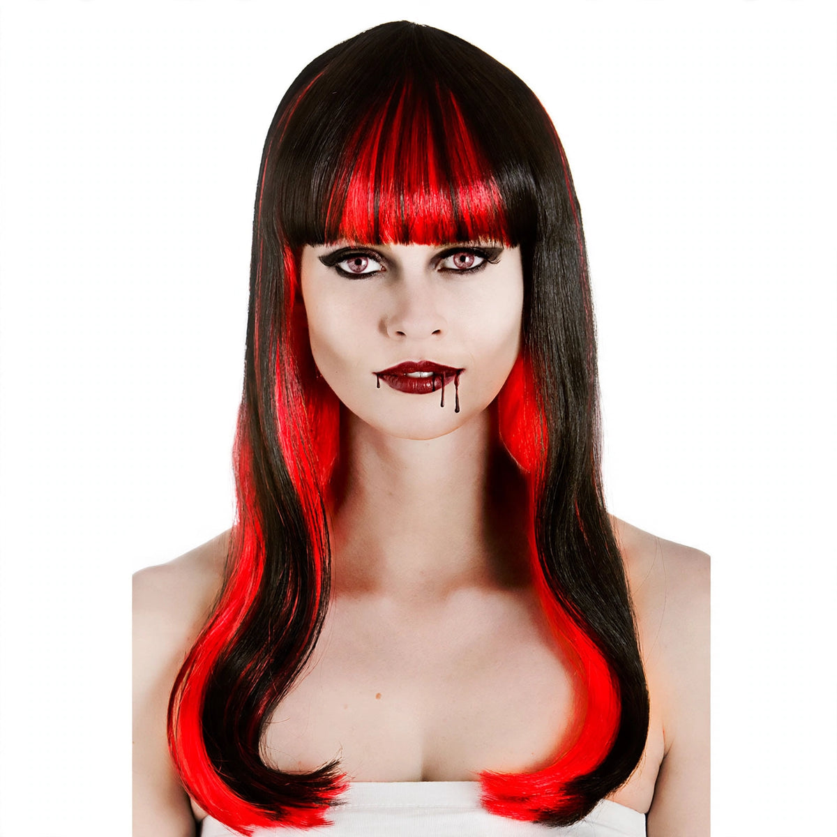 Womens Halloween Alluring Vampire Wig in red and black with vampire design