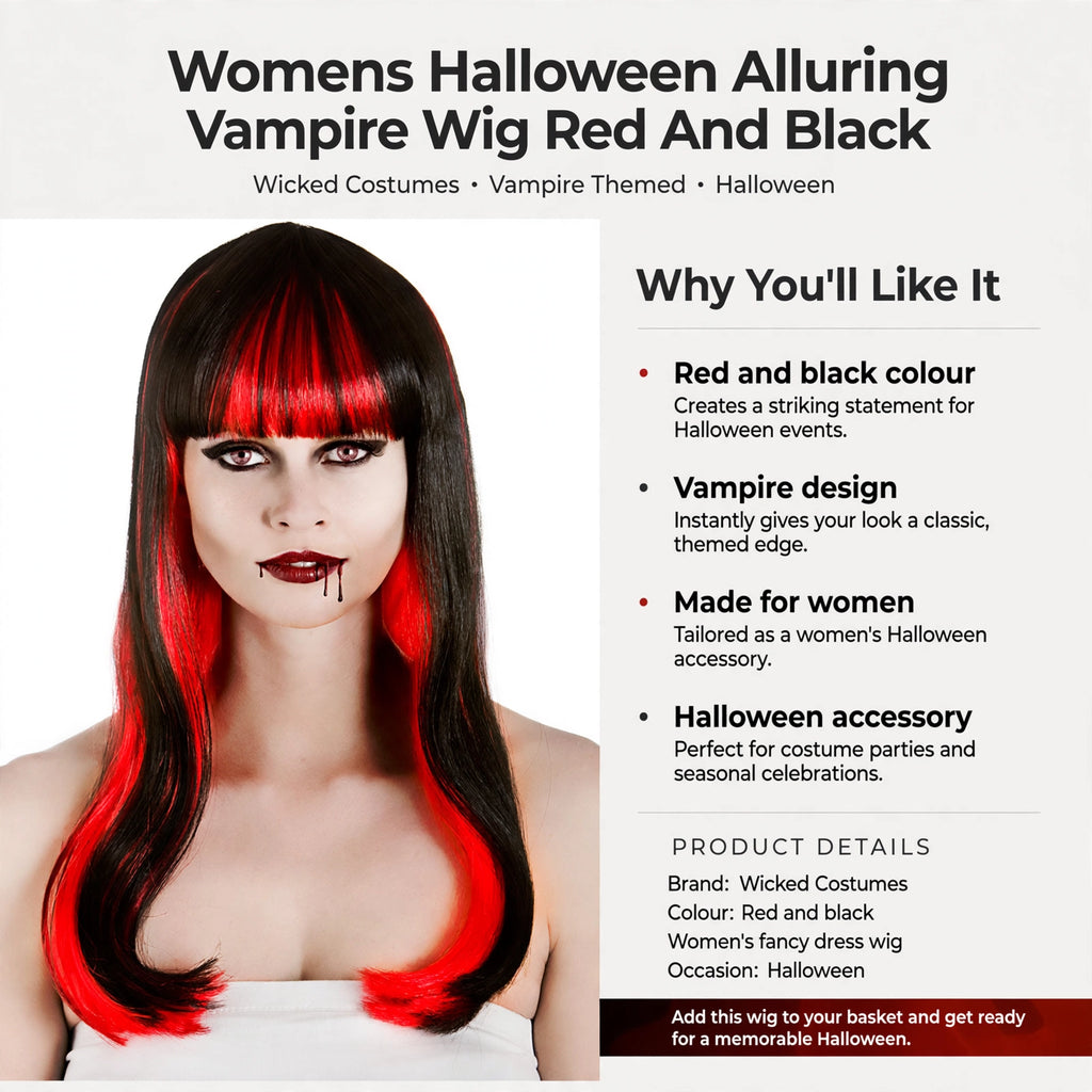 Infographic showing red and black colour, vampire design, and womens Halloween wig features