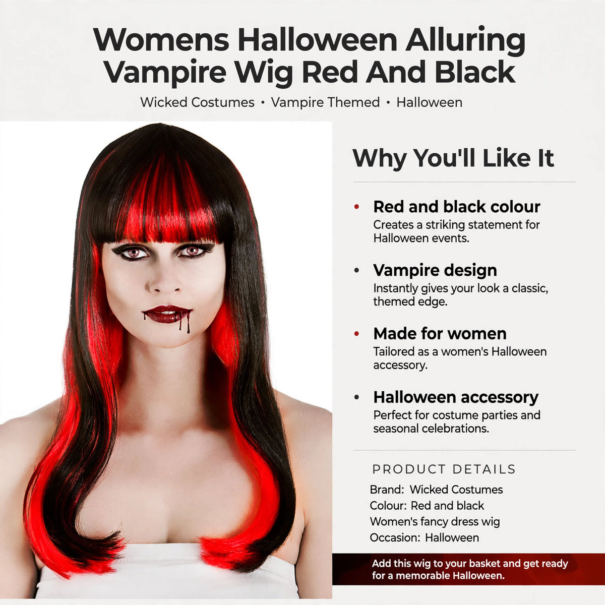 Infographic showing red and black colour, vampire design, and womens Halloween wig features