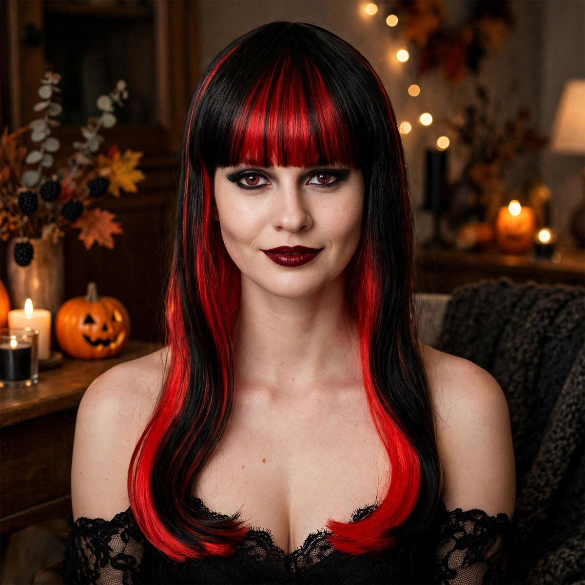 Womens Halloween Alluring Vampire Wig worn as part of a Halloween costume