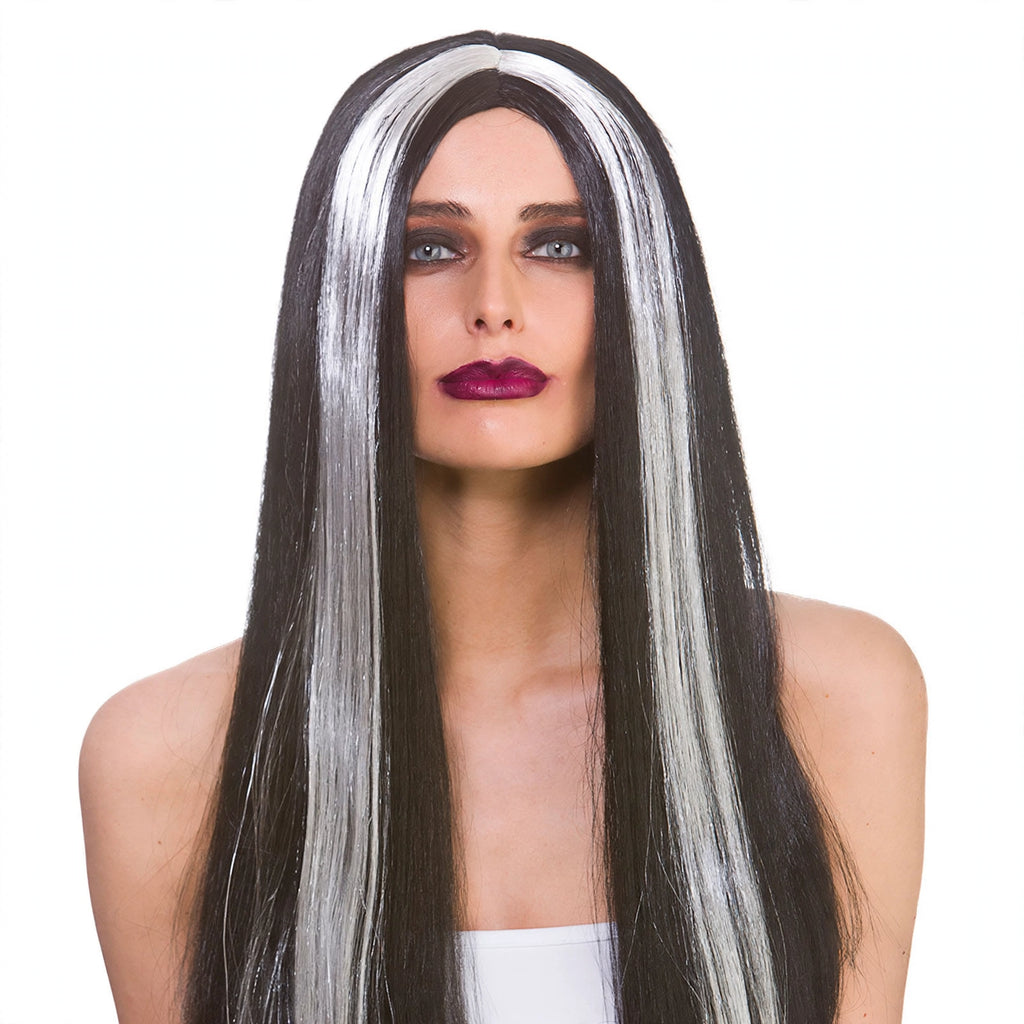 Close-up view of the Womens Halloween Classic Long Morticia Wig showing black and grey colours