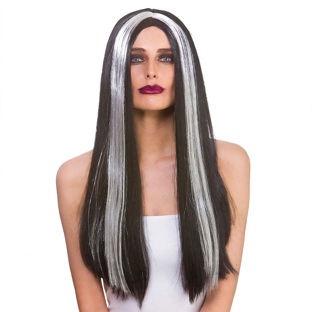 Womens Halloween Classic Long Morticia Wig in black and grey