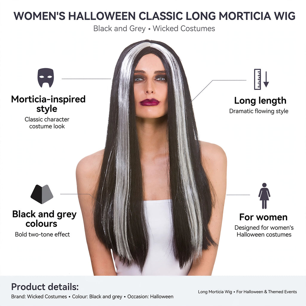 Womens Morticia wig features long length and black and grey two-tone colours