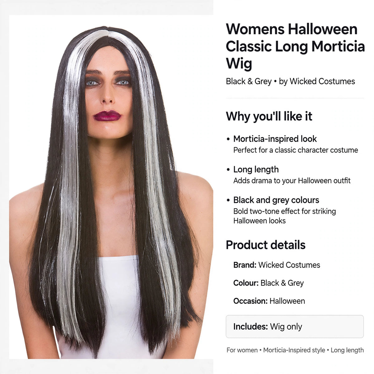 Womens Morticia wig designed for Halloween costumes with long length and two-tone colours
