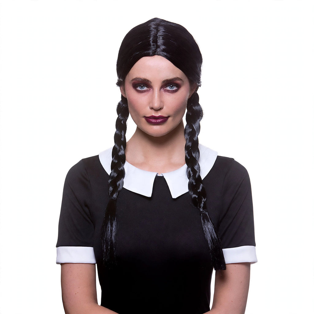 Womens Halloween creepy school girl wig with black plaits
