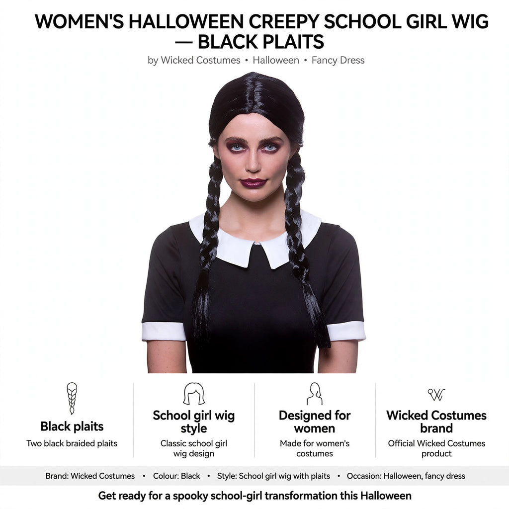 Features black plaits and school girl wig style for Halloween costumes
