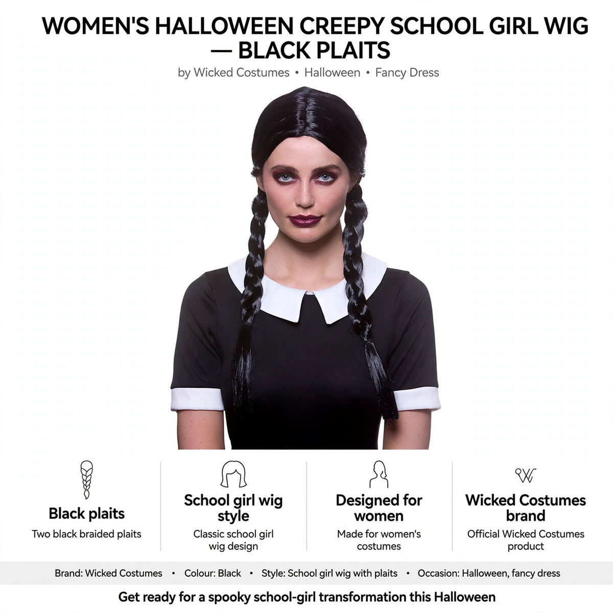 Features black plaits and school girl wig style for Halloween costumes