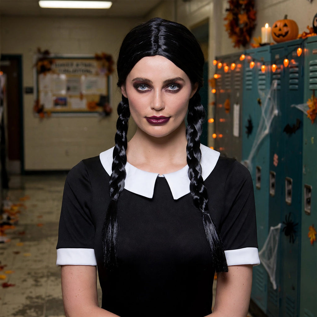 Womens Halloween creepy school girl wig worn with a school-inspired outfit