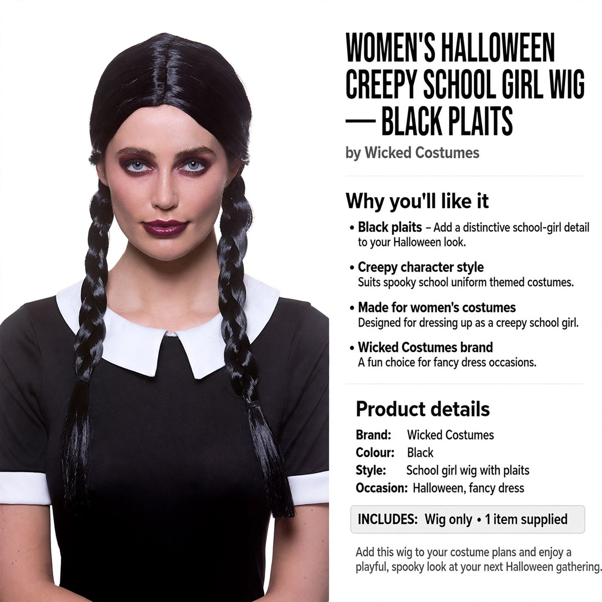 Womens Halloween wig designed for creepy school girl costumes by Wicked Costumes