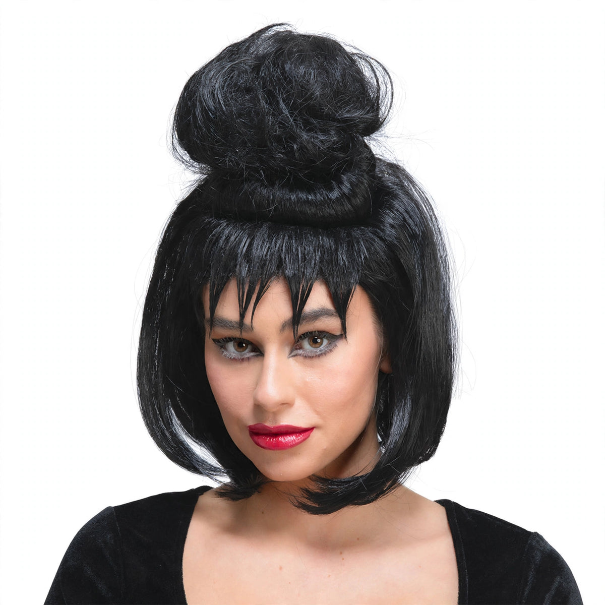 Close-up view of Womens Halloween Dark Mistress Wig in black
