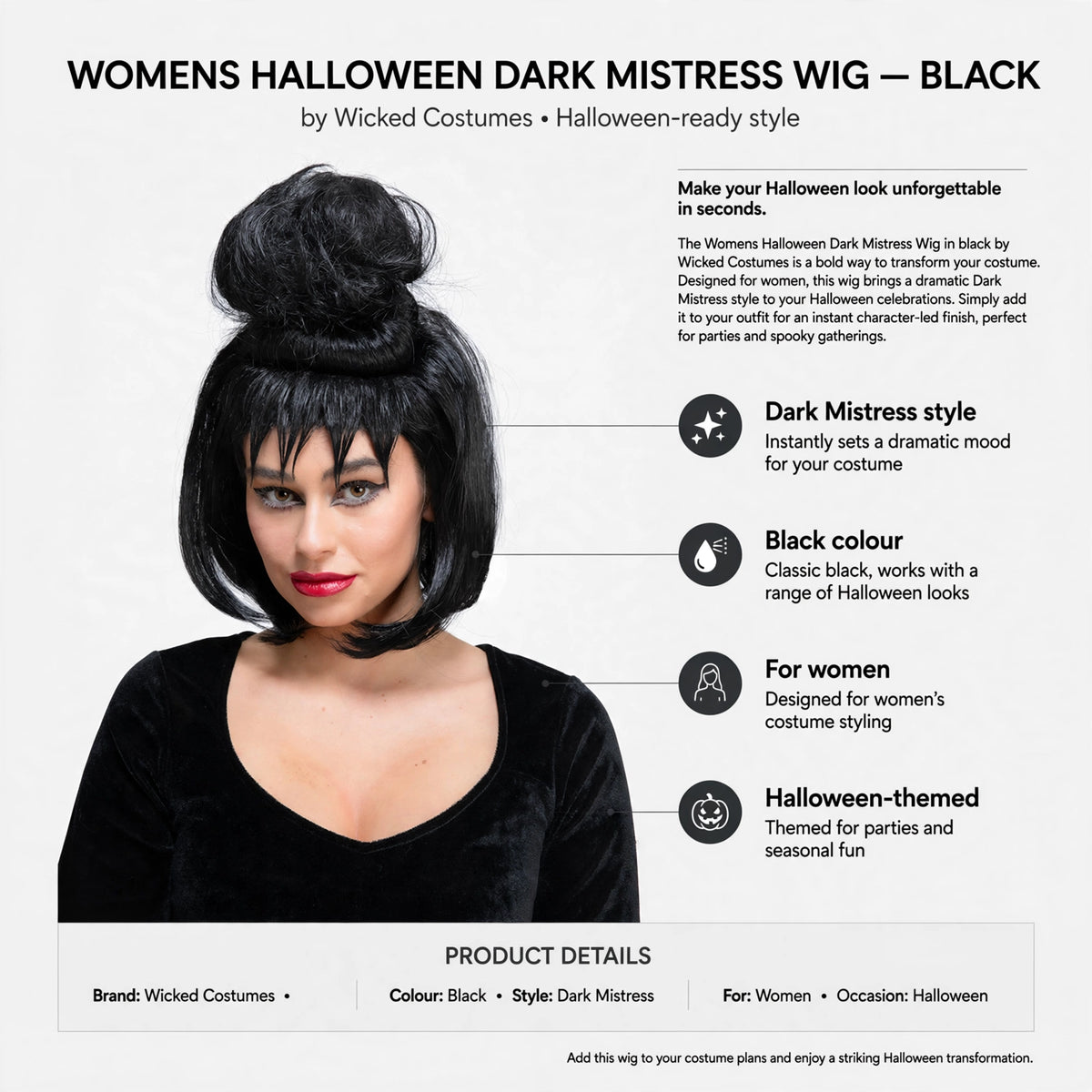 Infographic showing Dark Mistress style, black colour, and Halloween theme features