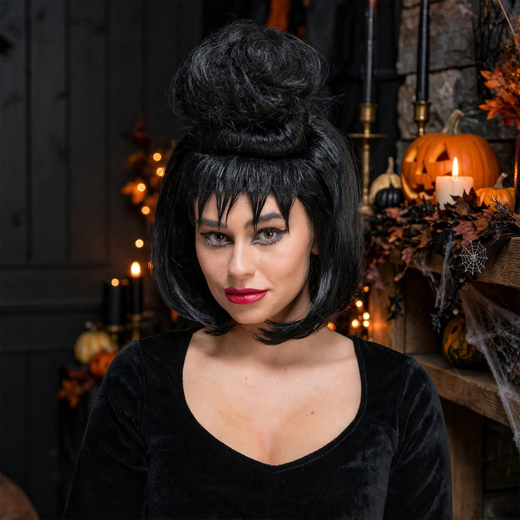 Womens Halloween Dark Mistress Wig worn as part of a Halloween costume