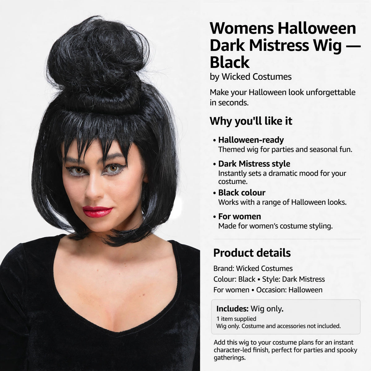 Wig designed for women with Halloween costume use and Dark Mistress style