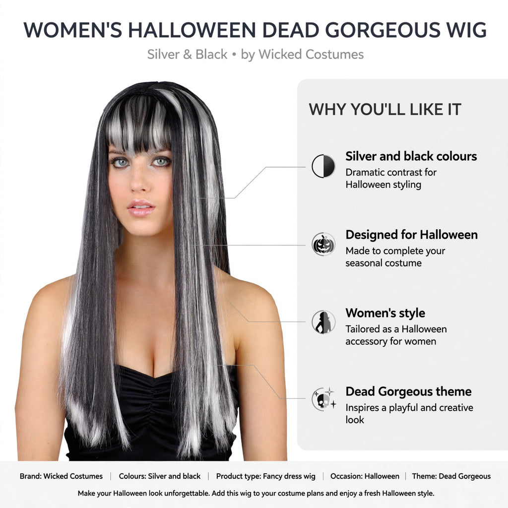 Features of Womens Halloween Dead Gorgeous Wig including silver and black colours and Dead Gorgeous theme