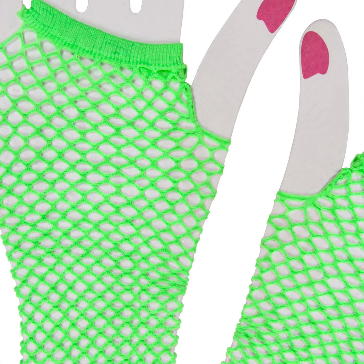 Close-up of women's neon green long net gloves showing stretch mesh fabric