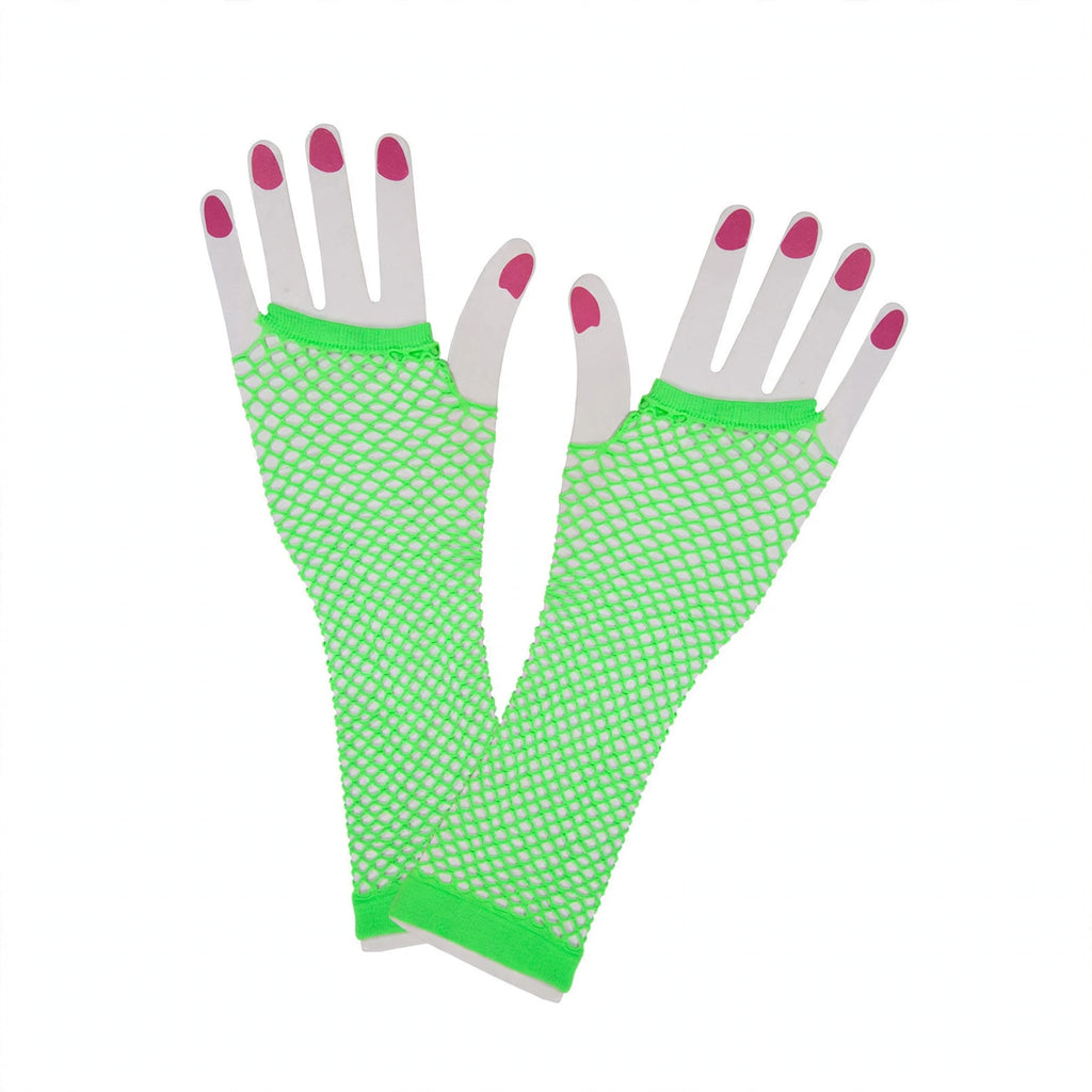 Women's 80's neon green long net gloves made from stretch mesh fabric