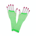 Women's 80's neon green long net gloves made from stretch mesh fabric