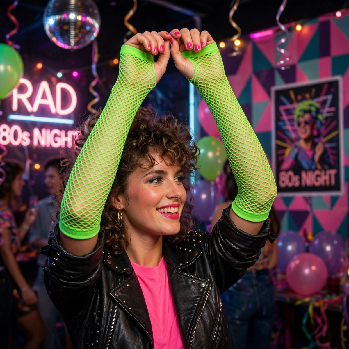 Women's 80's neon green long net gloves worn as part of a retro costume