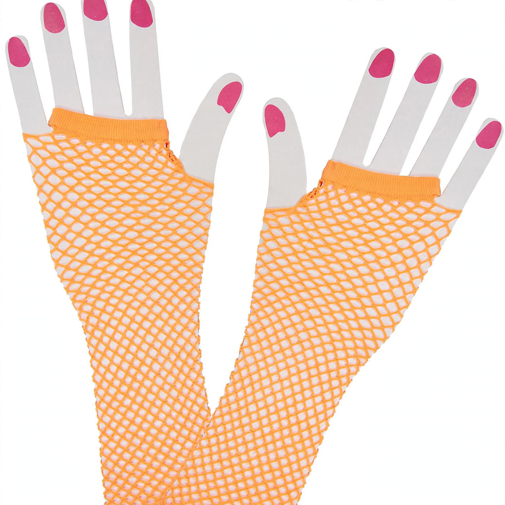 Close-up of women's neon orange long net gloves showing stretch mesh fabric
