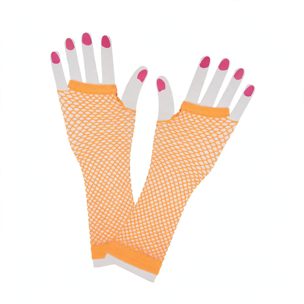 Women's 80's neon orange long net gloves made from stretch mesh fabric