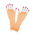 Women's 80's neon orange long net gloves made from stretch mesh fabric