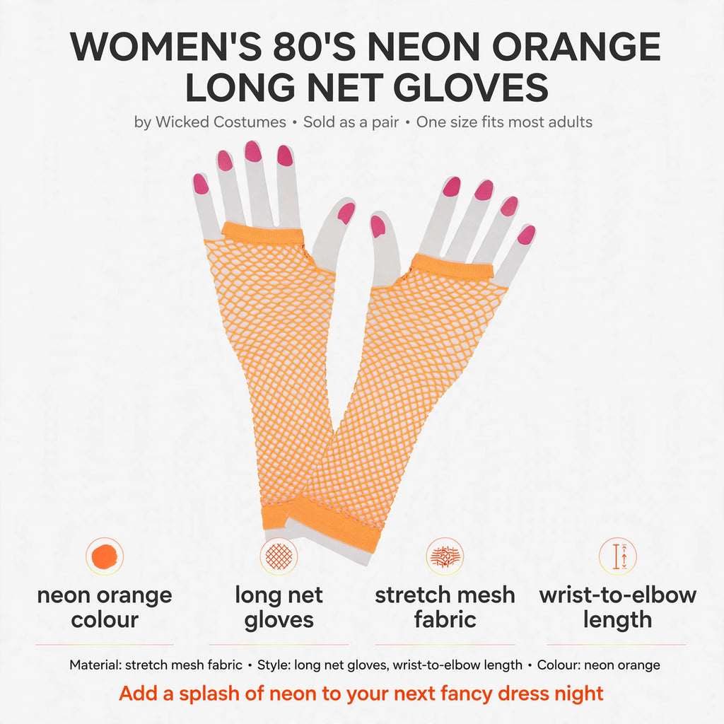 Features neon orange colour, long net gloves, stretch mesh fabric, wrist-to-elbow length