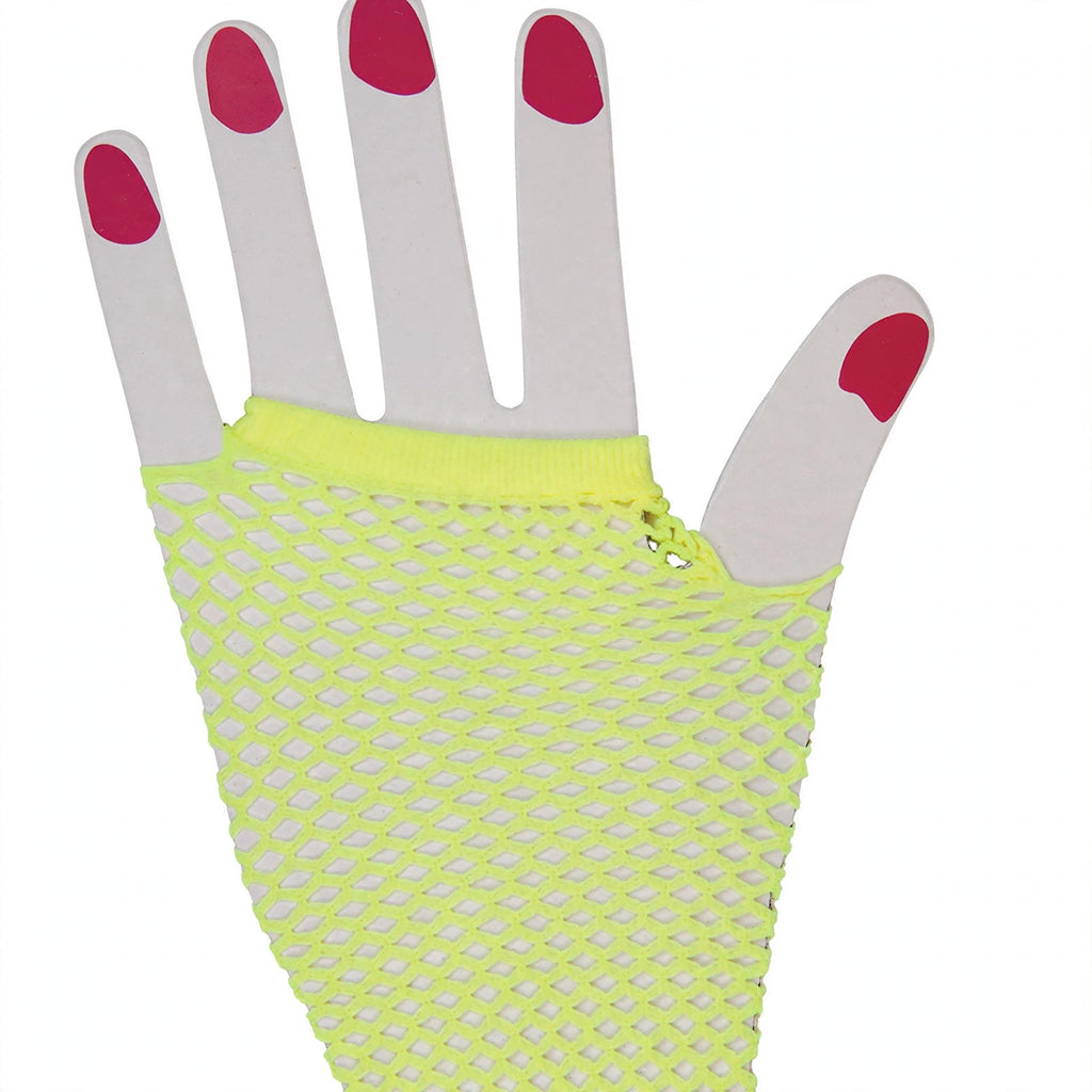 Close-up of women's neon yellow long net gloves showing stretch mesh fabric