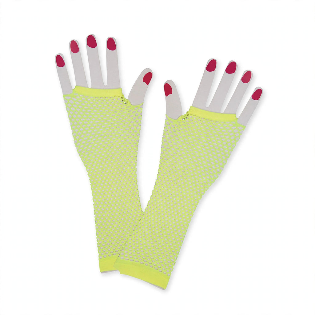 Women's neon yellow long net gloves made from stretch mesh fabric