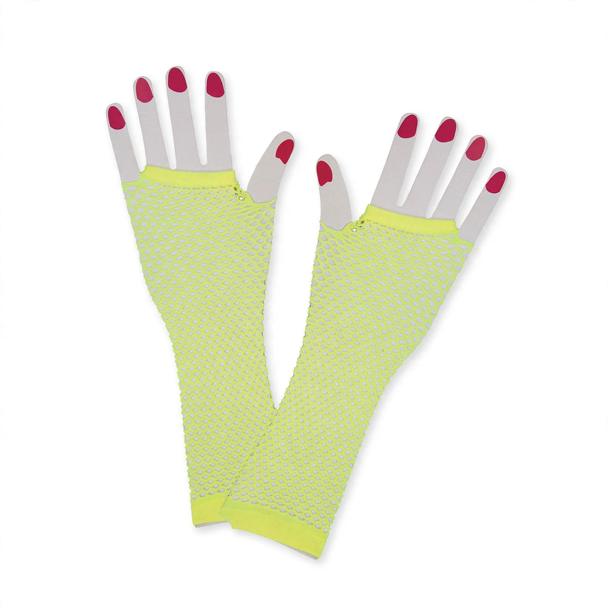 Women's neon yellow long net gloves made from stretch mesh fabric