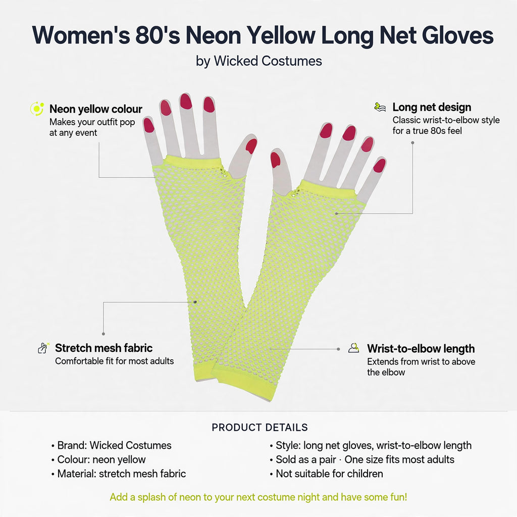 Features neon yellow colour, long net design, stretch mesh fabric, wrist-to-elbow length