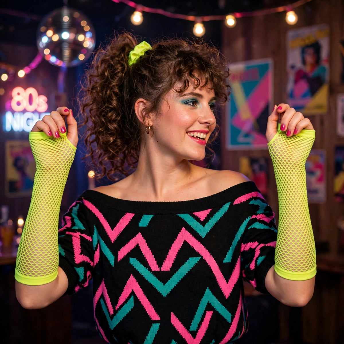 Women's neon yellow long net gloves worn at an 80s-themed party