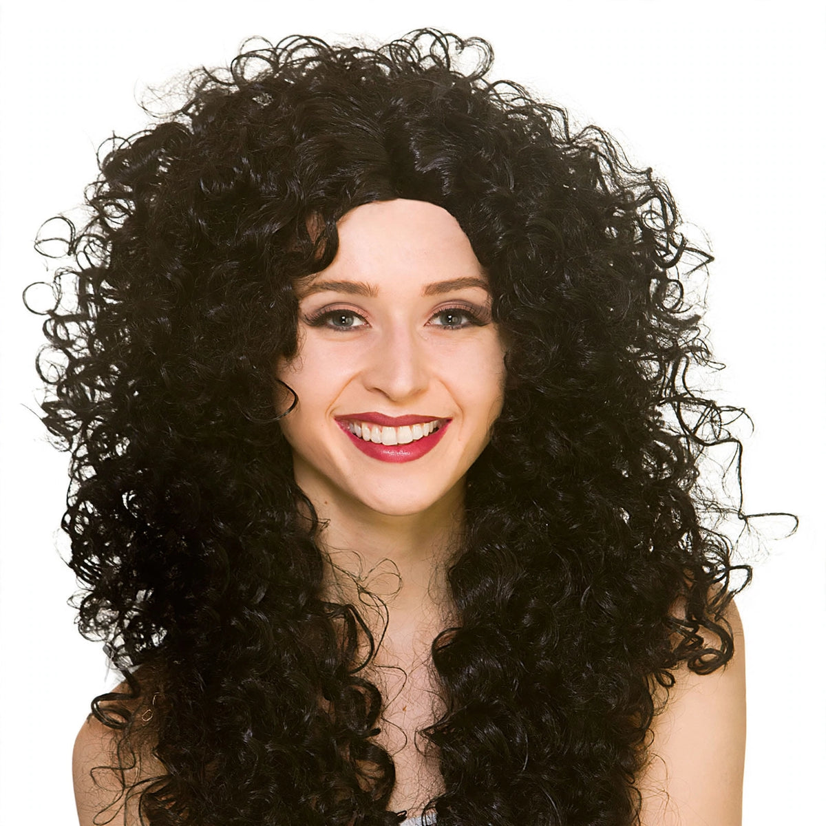 Close-up view of women's long black curly wig showing synthetic curls