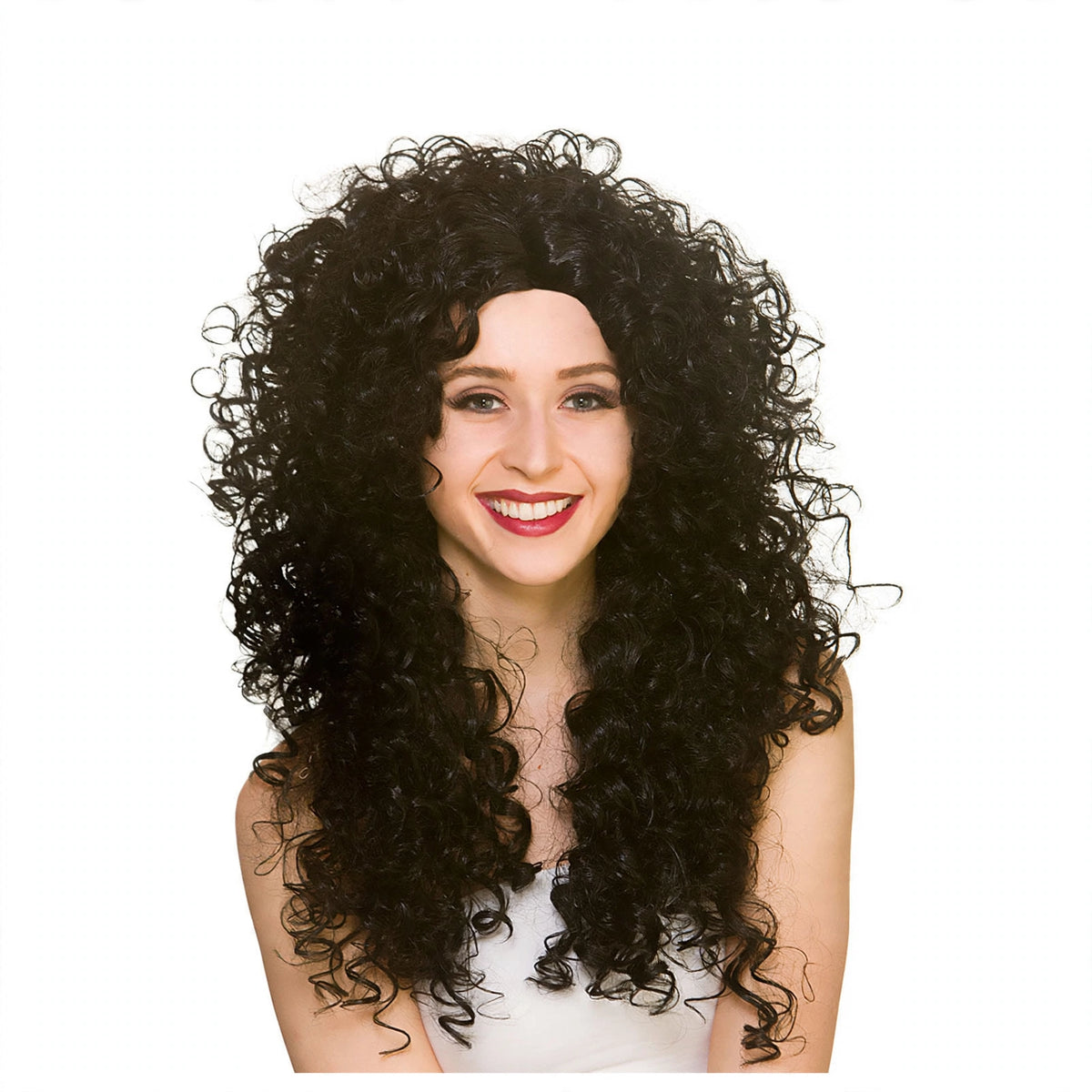 Women's long black curly wig with synthetic hair and adjustable inner cap