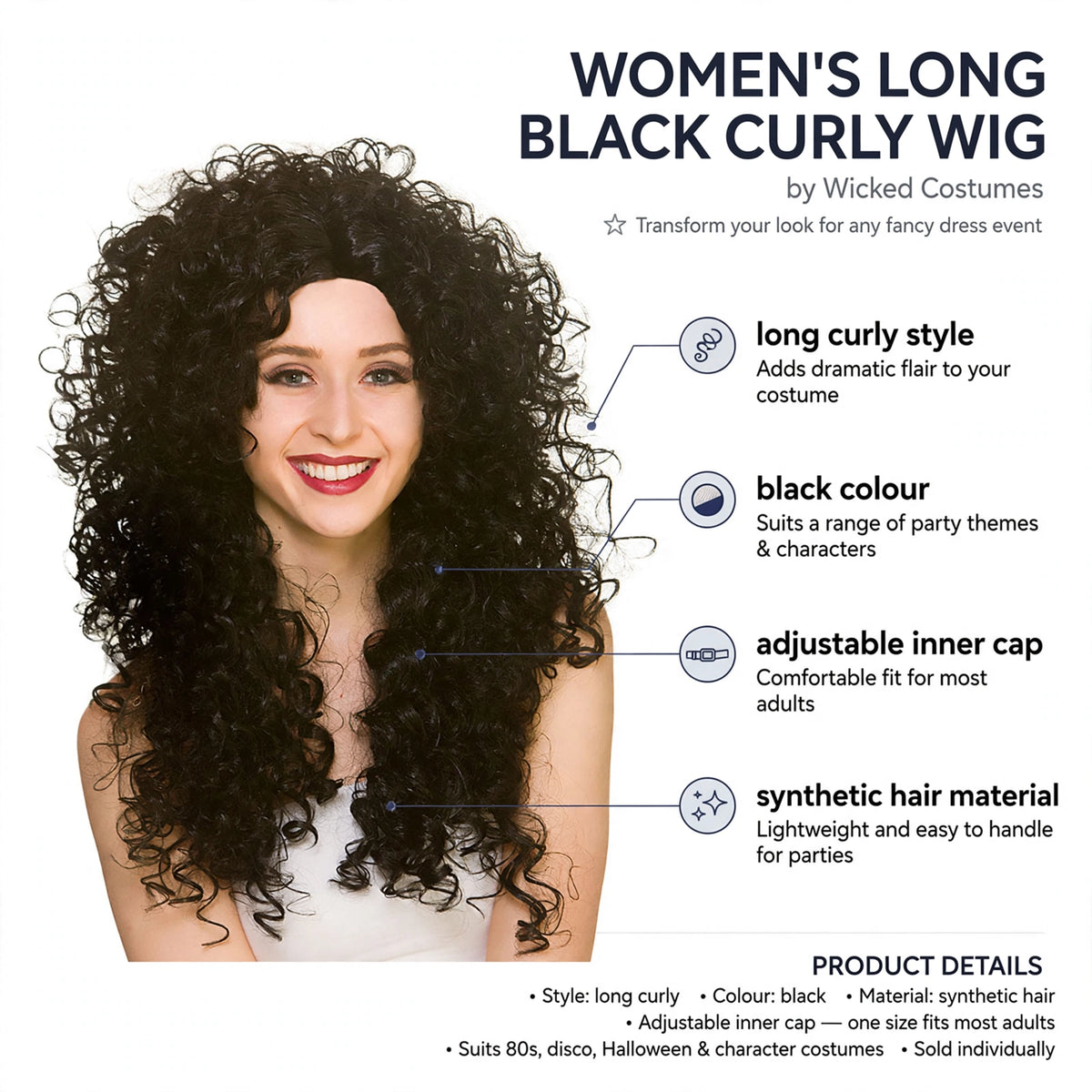 Features long curly style, black colour, adjustable inner cap, synthetic hair material