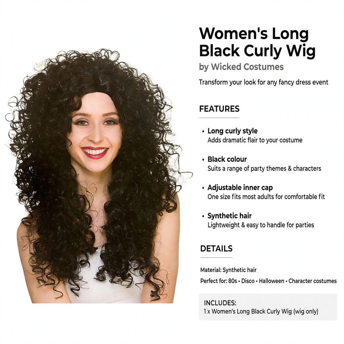Adjustable inner cap fits most adult heads; synthetic hair material