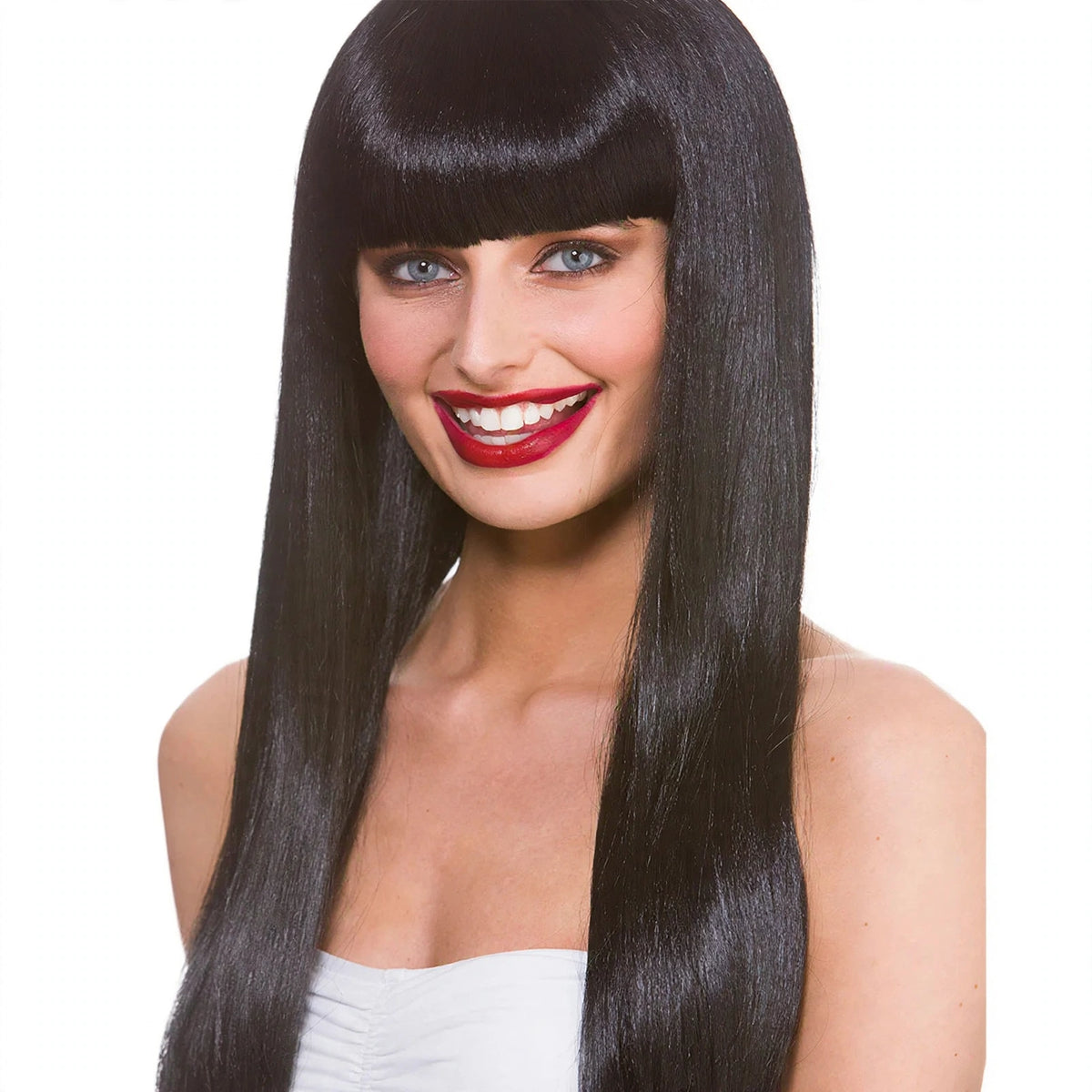 Close-up view of long black synthetic wig with blunt fringe