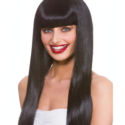 Close-up view of long black synthetic wig with blunt fringe