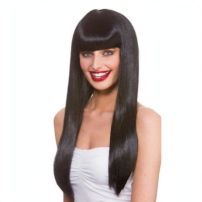 Womens long black fringe wig with straight synthetic hair and blunt fringe