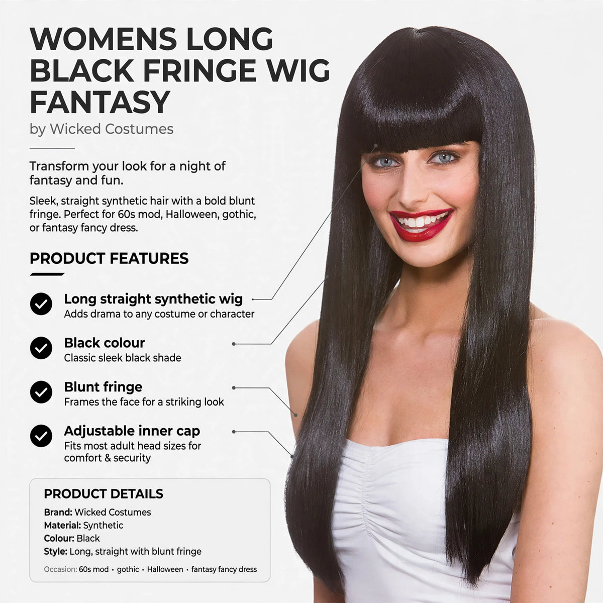Features long straight black synthetic hair, blunt fringe, and adjustable inner cap