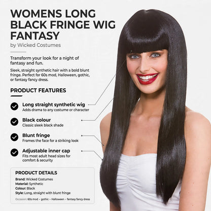 Features long straight black synthetic hair, blunt fringe, and adjustable inner cap