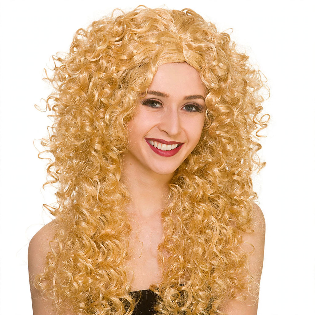 Close-up view of womens long blonde curly wig showing curl texture