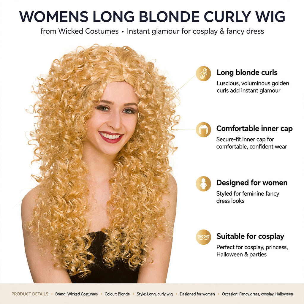 Features long blonde curls, comfortable inner cap, designed for women, suitable for cosplay and fancy dress