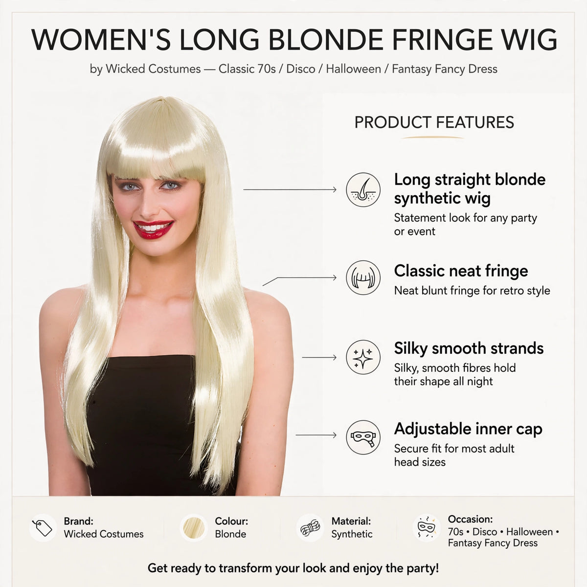 Features long straight blonde synthetic wig, classic neat fringe, silky smooth strands, adjustable inner cap