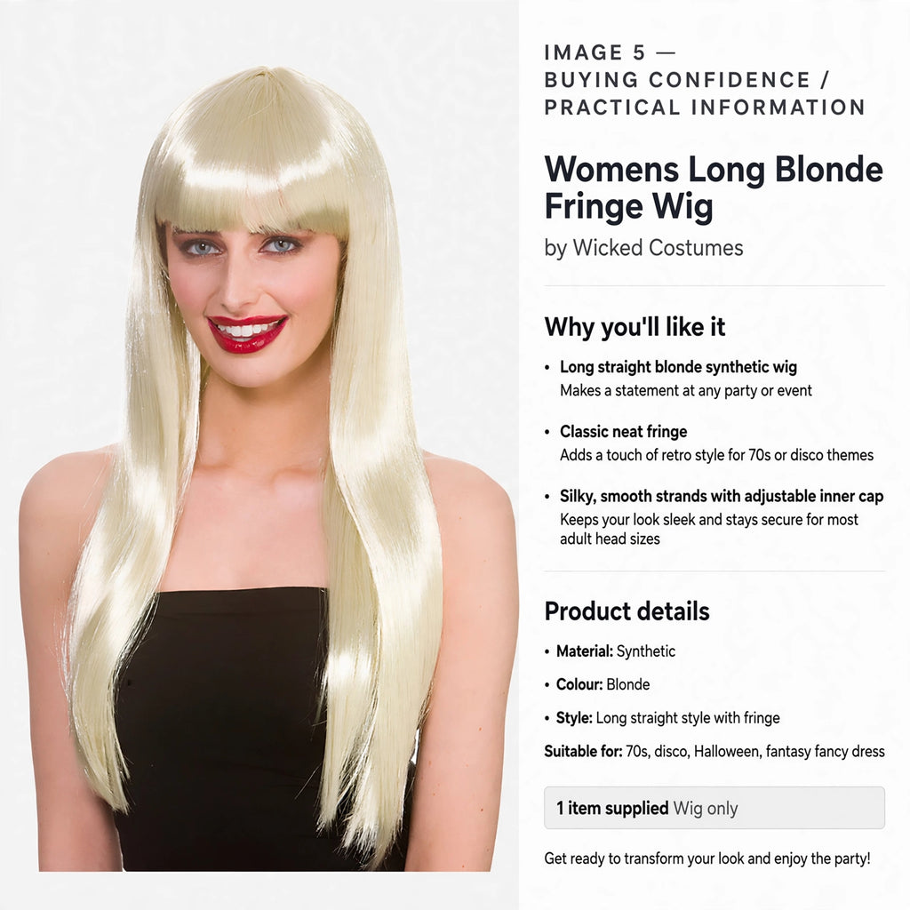 Womens long blonde fringe wig with adjustable inner cap fits most adult head sizes