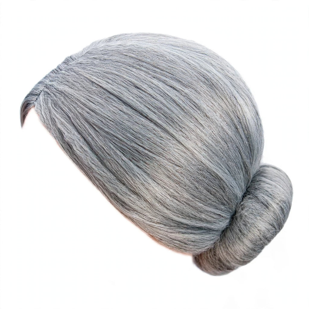 Close-up view of Womens OAP Granny Bun Grey Wig showing grey synthetic hair and bun style