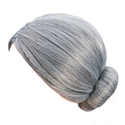 Close-up view of Womens OAP Granny Bun Grey Wig showing grey synthetic hair and bun style