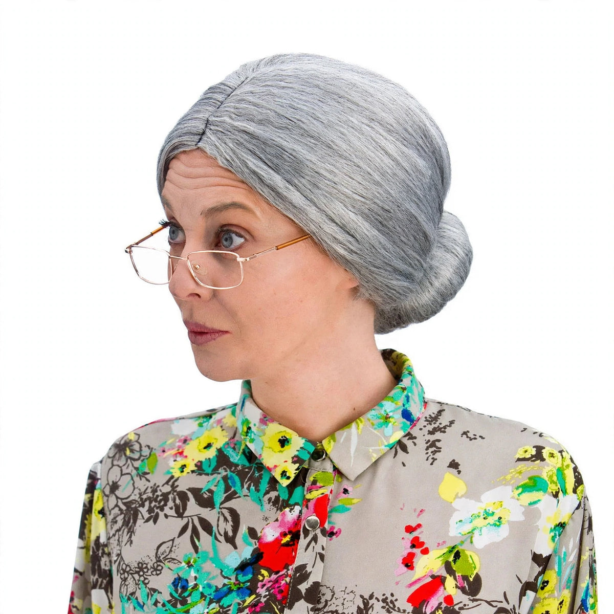Womens OAP Granny Bun Grey Wig with grey synthetic hair styled into a classic bun