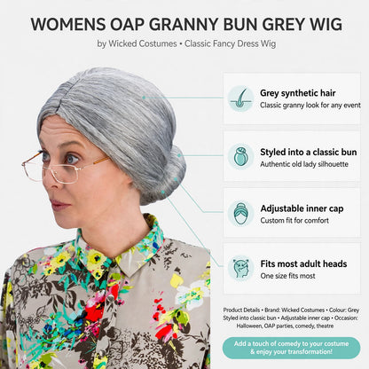 Features grey synthetic hair, classic bun style, and adjustable inner cap for most adult heads