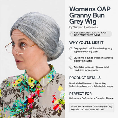 Womens OAP Granny Bun Grey Wig by Wicked Costumes with adjustable inner cap for comfortable fit